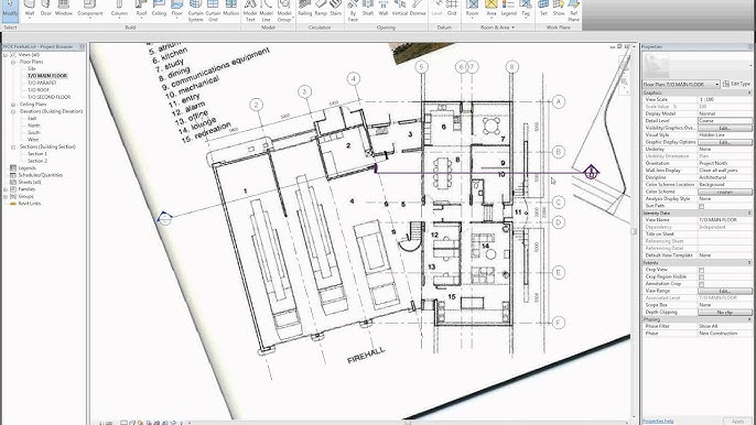 Architect tracing grids and level markers on printed plan.
