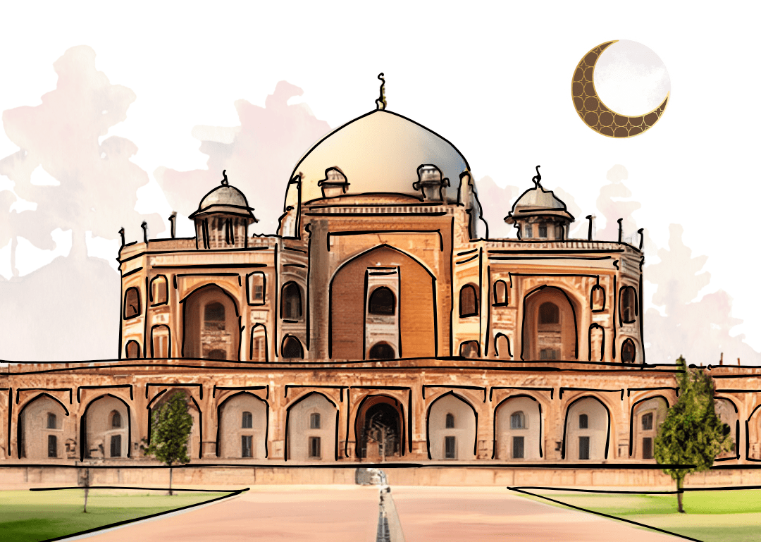 &nbsp;Front façade of Humayun’s Tomb showcasing a blend of Persian, Islamic, and Indian architectural styles