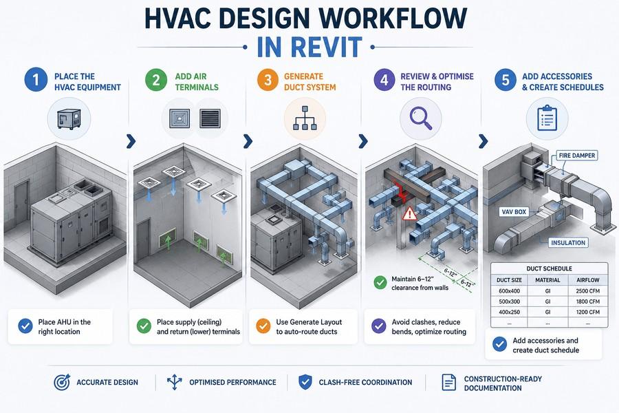 HVAC design workflow in Revit showing AHU placement, air terminals, duct routing, optimisation, and scheduling.