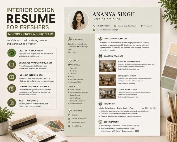 Interior design fresher resume infographic highlighting education, academic projects, internships, skills, and certifications.