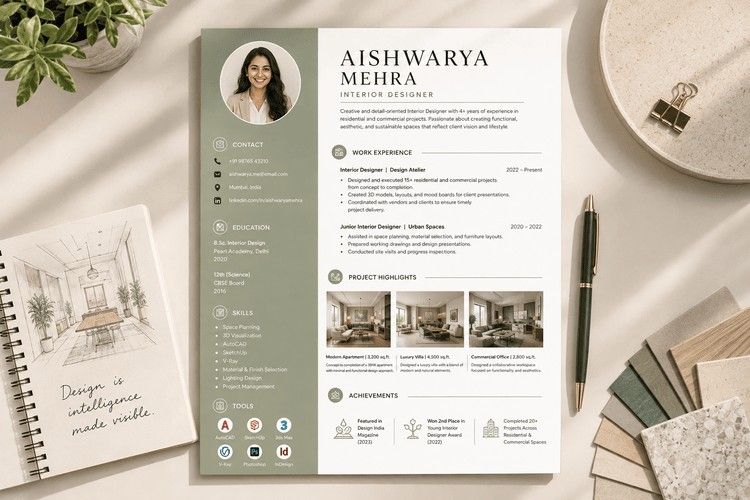 Interior design resume displayed with skills, experience, projects, software tools, and design materials on a modern workspace.