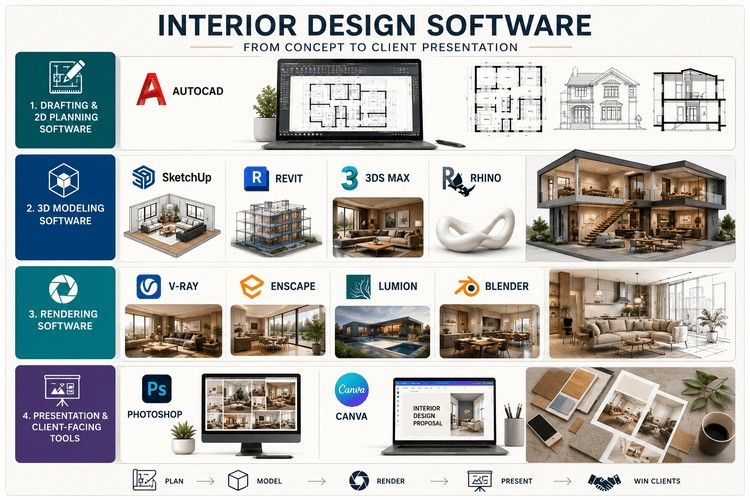 Interior design software infographic featuring AutoCAD, SketchUp, Revit, rendering tools, Photoshop, and Canva.
