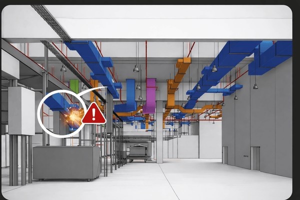 3D BIM model showing coordinated MEP services with highlighted duct clash detection