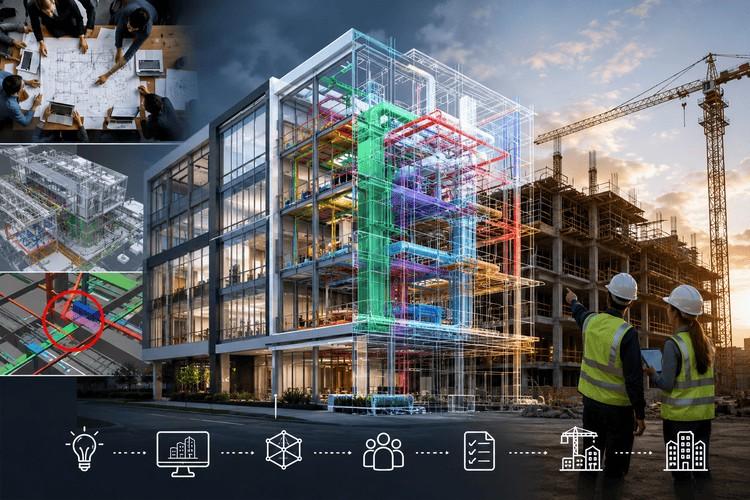 Modern architectural building with BIM model overlay showing design coordination, construction workflow, and collaboration between architects and engineers.