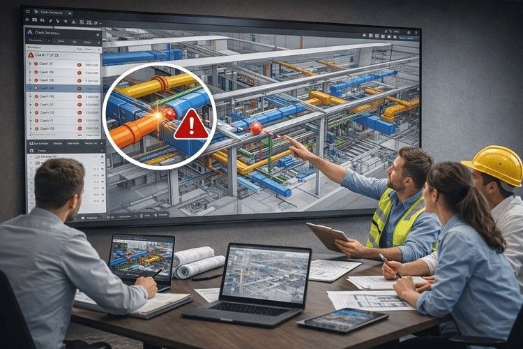 BIM software showing 3D MEP model with automated clash detection during coordination meeting