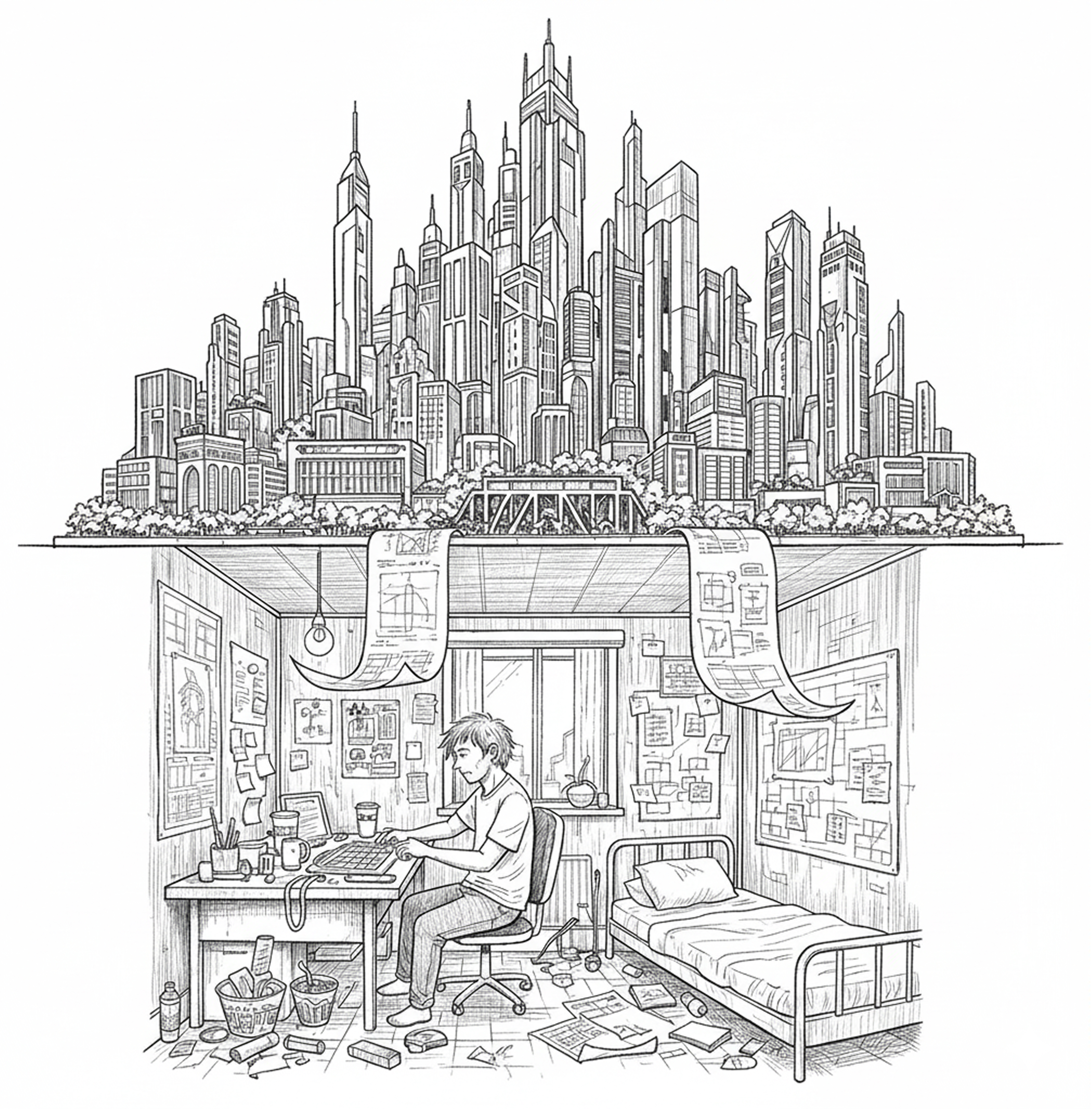 Minimalist messy architect workspace with blueprints