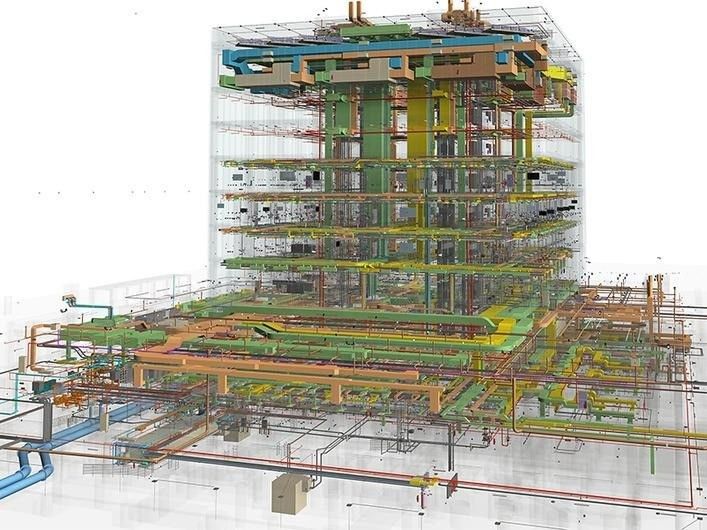  Federated BIM model combining architectural, structural, and MEP systems 