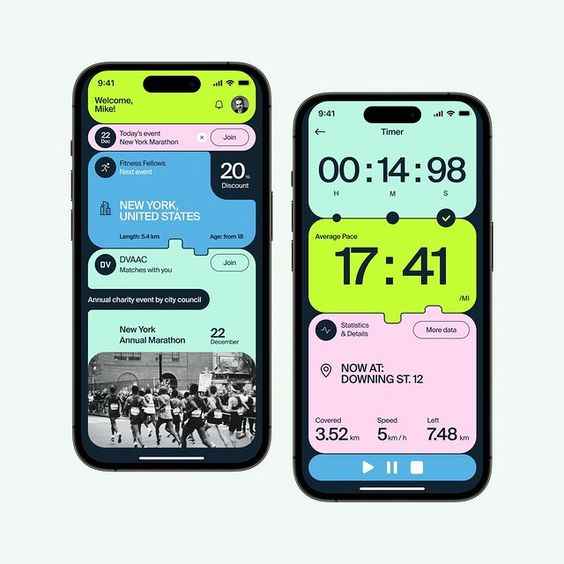 Two smartphones display a marathon app interface, showcasing exceptional user experience. 