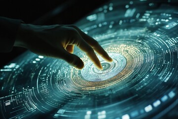 A hand hovers over a circular, high-tech digital interface with glowing, intricate patterns and data visualizations, resembling a futuristic touchscreen that enhances user satisfaction through seamless digital experiences.