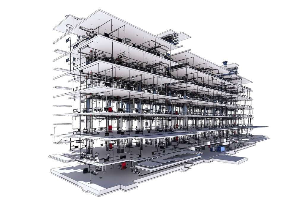 A detailed architectural 3D model of a multi-story building with visible interior floors and complex structural designs, perfect for architecture students studying BIM architecture projects, showcasing floor plans and internal layouts in a transparent, layered view.