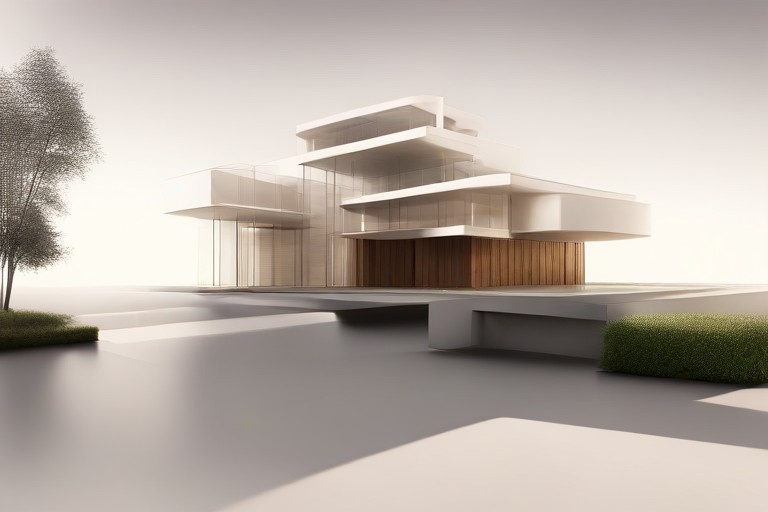 A modern architectural structure with a unique, layered design composed of glass and wood comes to life through realistic rendering. The building, likely designed in Rhino architecture, is surrounded by minimalistic landscaping featuring a tree and trimmed hedges under a soft, overcast sky.