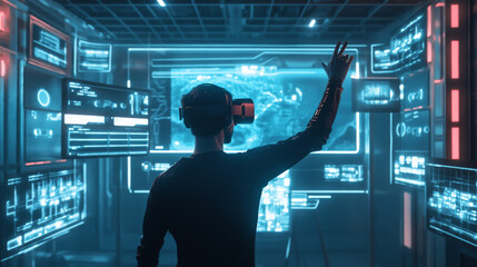 A person wearing virtual reality goggles interacts with a high-tech interface displaying digital screens and a map in a futuristic control room, crafting UX narratives. 