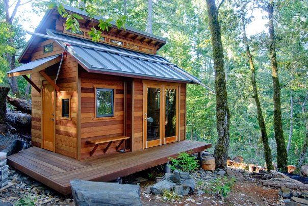 A charming sustainable tiny home with large windows and a metal roof sits on a raised platform in a lush forest. This compact living space is surrounded by tall trees and scattered rocks, creating a serene and natural setting.