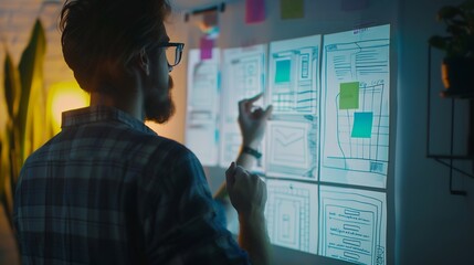 A person looking at a screen with UI-UX design wireframes.