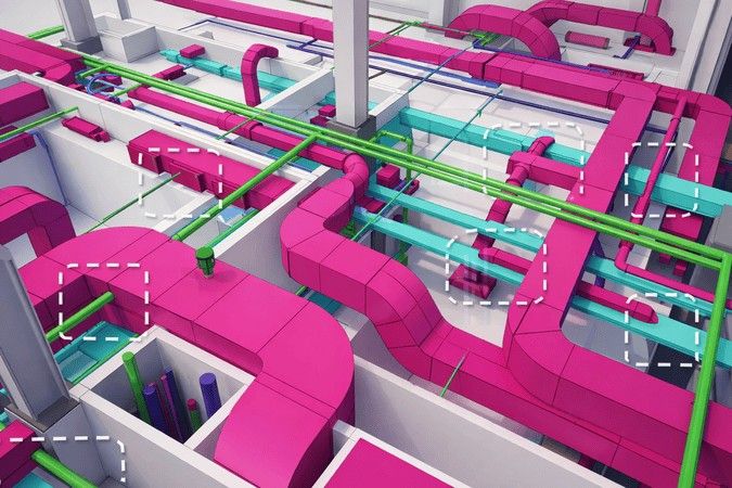 3D BIM model showing HVAC ducts, pipes, and MEP systems with highlighted clash detection areas in a building ceiling layout&nbsp;