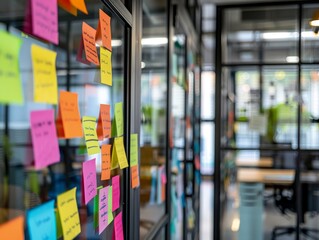 A glass wall in the office is adorned with colorful sticky notes, showcasing a five-step process. The handwritten text in shades of pink, yellow, orange, and blue highlights a user-centered approach. 