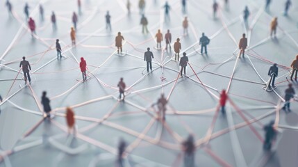 A conceptual image depicting small, silhouetted figures linked by vibrant lines, symbolizing a network or social connections on a light blue surface. The layout reflects user-friendly digital experiences, with figures strategically placed and intersecting lines illustrating seamless Information Architecture.