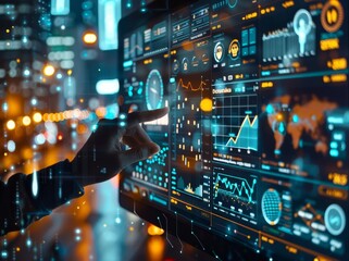 A hand interacts with a futuristic touchscreen, showcasing dynamic graphs, charts, and maps. The scene highlights UX design in a blurred cityscape aglow with lights, emphasizing usability in a high-tech, data-driven environment tailored for seamless Human-Computer Interaction.