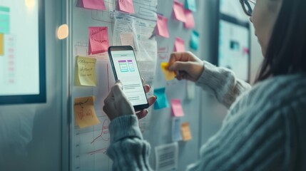 A person uses a smartphone while attaching colorful sticky notes to a whiteboard filled with papers and notes. 