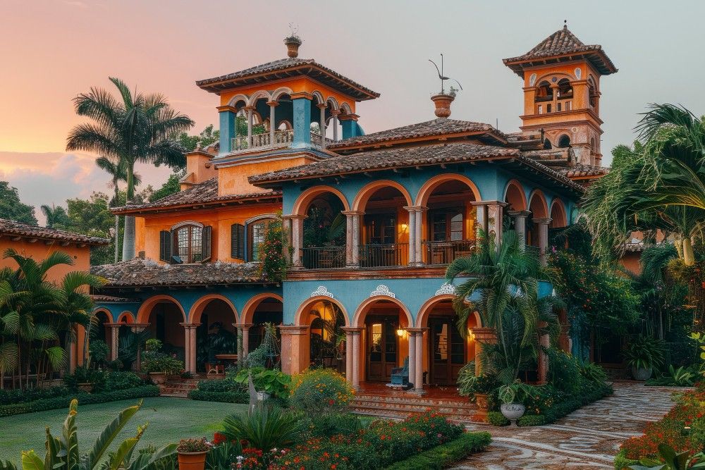 A large Mediterranean-style villa with terracotta roofs and arched balconies showcases innovative architectural designs.&nbsp;