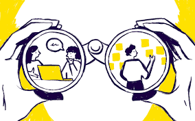 Illustration of binoculars revealing UX design scenes. Left lens: two people working on laptops, engaging in user research discussions. Right lens: a person presenting, gesturing towards sticky notes on a wall for usability testing insights. 