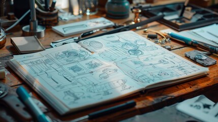 An open sketchbook on a cluttered desk features detailed mechanical drawings and concept sketches for interactive models. Surrounded by pens, notebooks, and tools, it hints at an ongoing creative journey in prototyping or UI/UX design within a dynamic workshop setting.