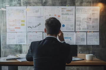 A person in a suit sits at a desk, facing a wall covered with charts and journey maps. A cup and laptop are on the desk, suggesting a focus on analyzing data and exploring user journey mapping for better UI/UX insights.