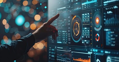 A person points at a digital screen filled with data visualizations, charts, and graphs in a dimly lit environment. The focus on UX design enhances the human-computer interaction, while blurred circular lights in the background create a tech-oriented atmosphere.