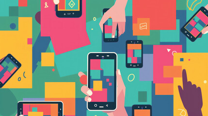 A colorful illustration portrays various hands holding smartphones, showcasing geometric shapes on screens, all set against a vibrant backdrop of overlapping squares, symbolizing storytelling through UX narratives in user journey mapping.