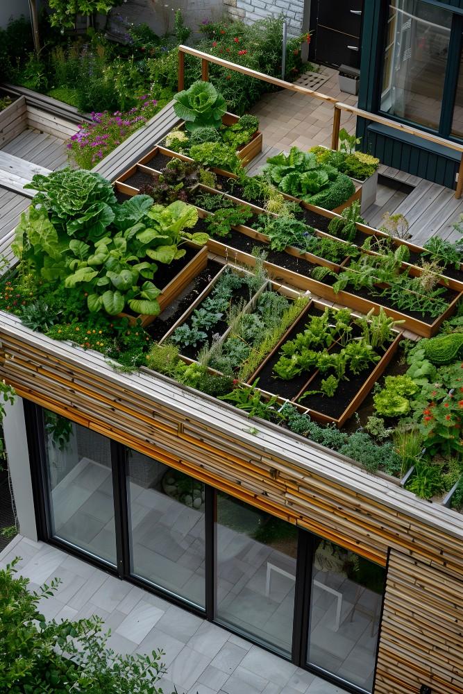 A rooftop garden featuring plants growing in wooden planter boxes creating a vibrant urban ecosystem. 