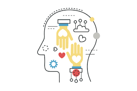 Abstract illustration of a human head outline filled with symbols, including hands with heart shapes, a gear, brain-like clouds, and dots. The colorful design—with yellow, red, and blue elements—reflects mental health and support themes, echoing the empathy maps often used by UX designers.