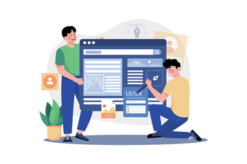 Two people are working on a large, inclusive website design interface, one standing and one kneeling. The scene suggests collaboration that follows WCAG guidelines for accessible web or app design.