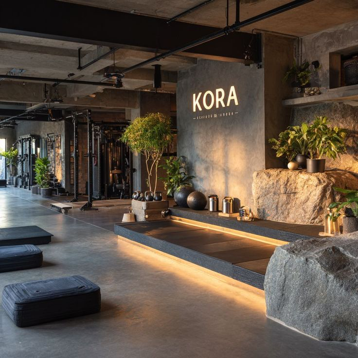 Hospitality interior showcasing rich materials like stone, wood, textured walls, and ambient lighting.
