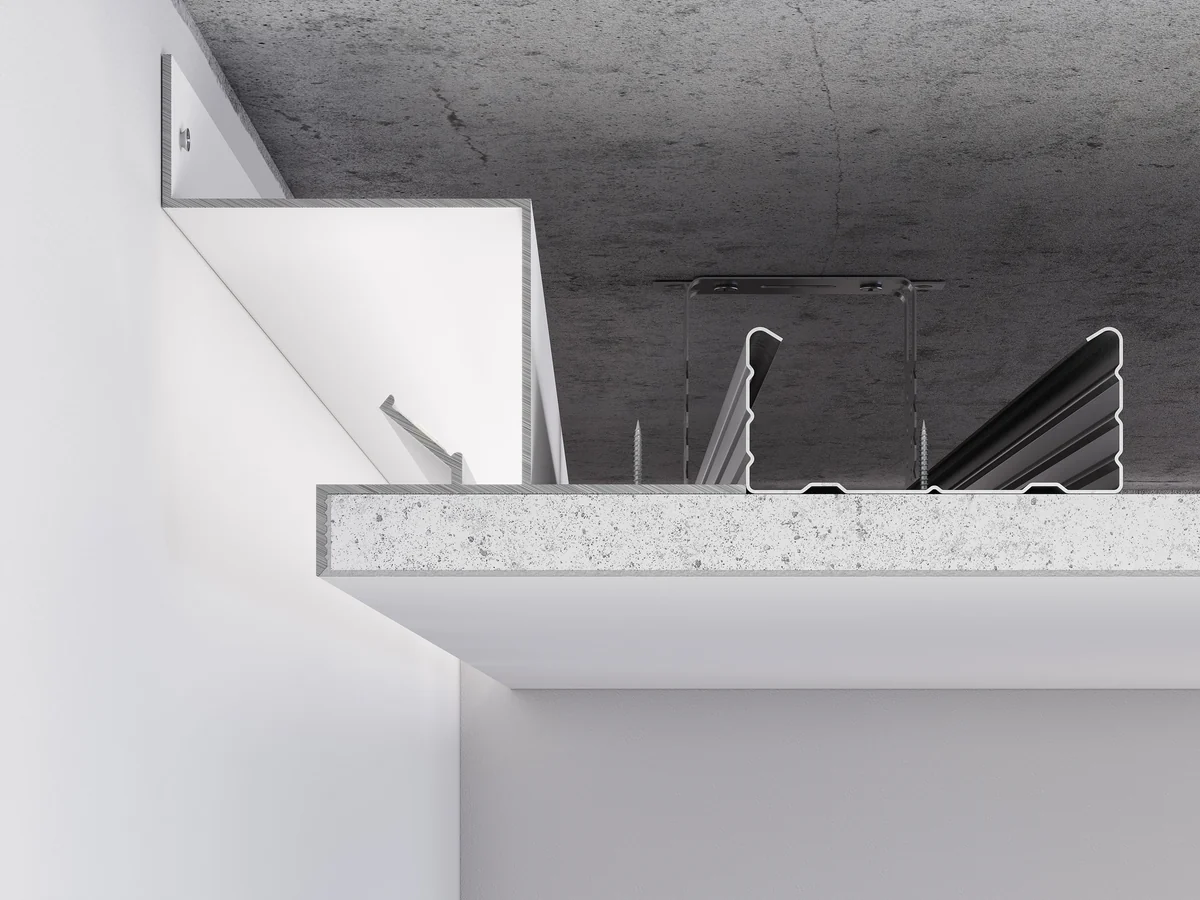 Close-up of architectural material junction showing precise shadow gap detailing.*