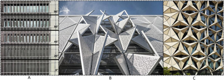 Building façade with integrated shading devices responding to sunlight.*