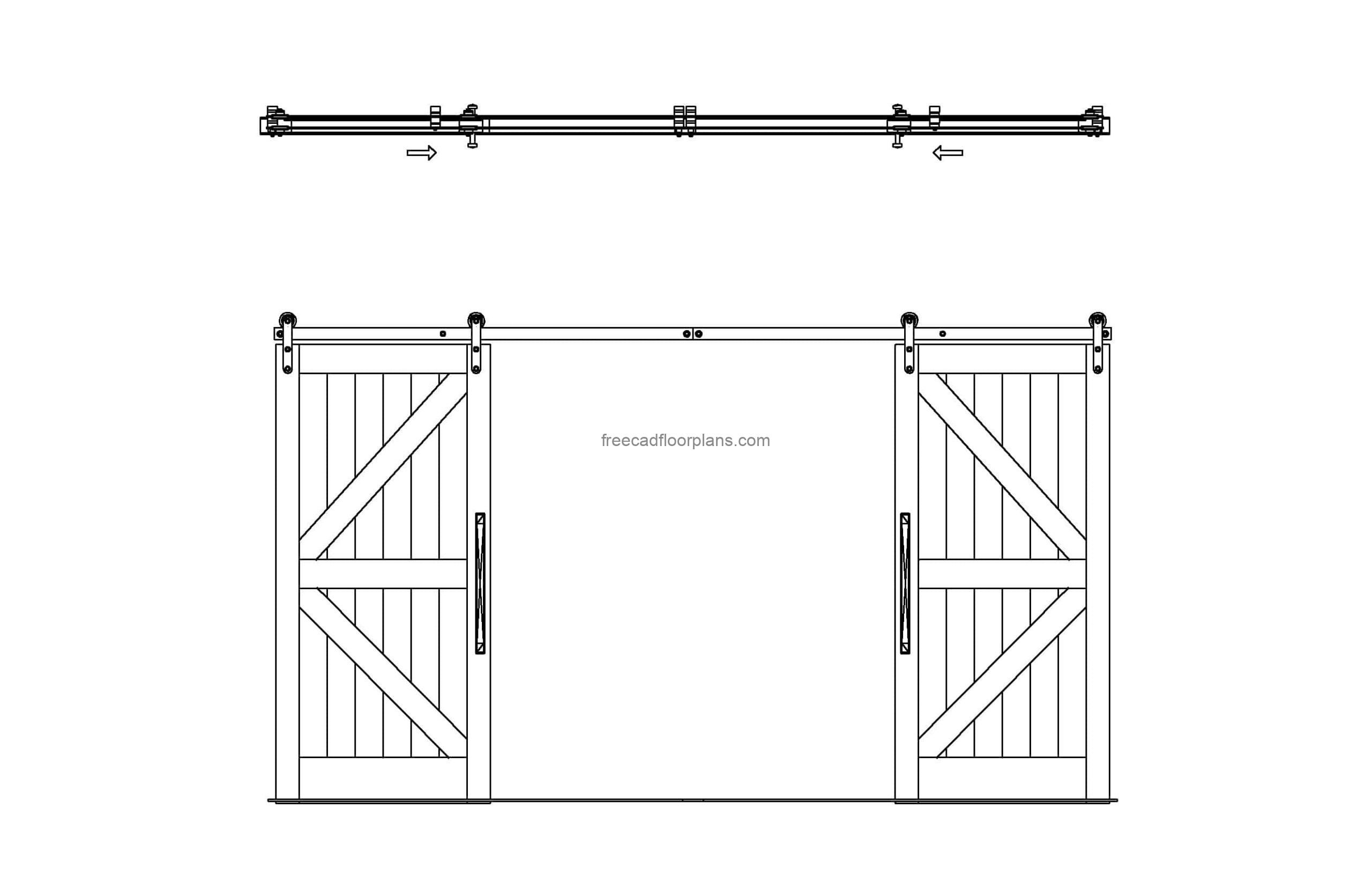Barn door sliding system detailed in interior architectural drawing.