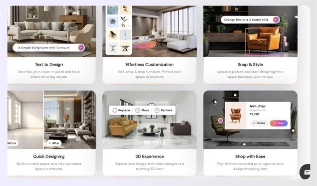Foyr Neo interface showing AI-generated interior layout for a modern apartment.*