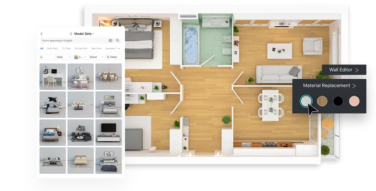  Coohom AI interface showing 3D layout and furniture suggestions.*