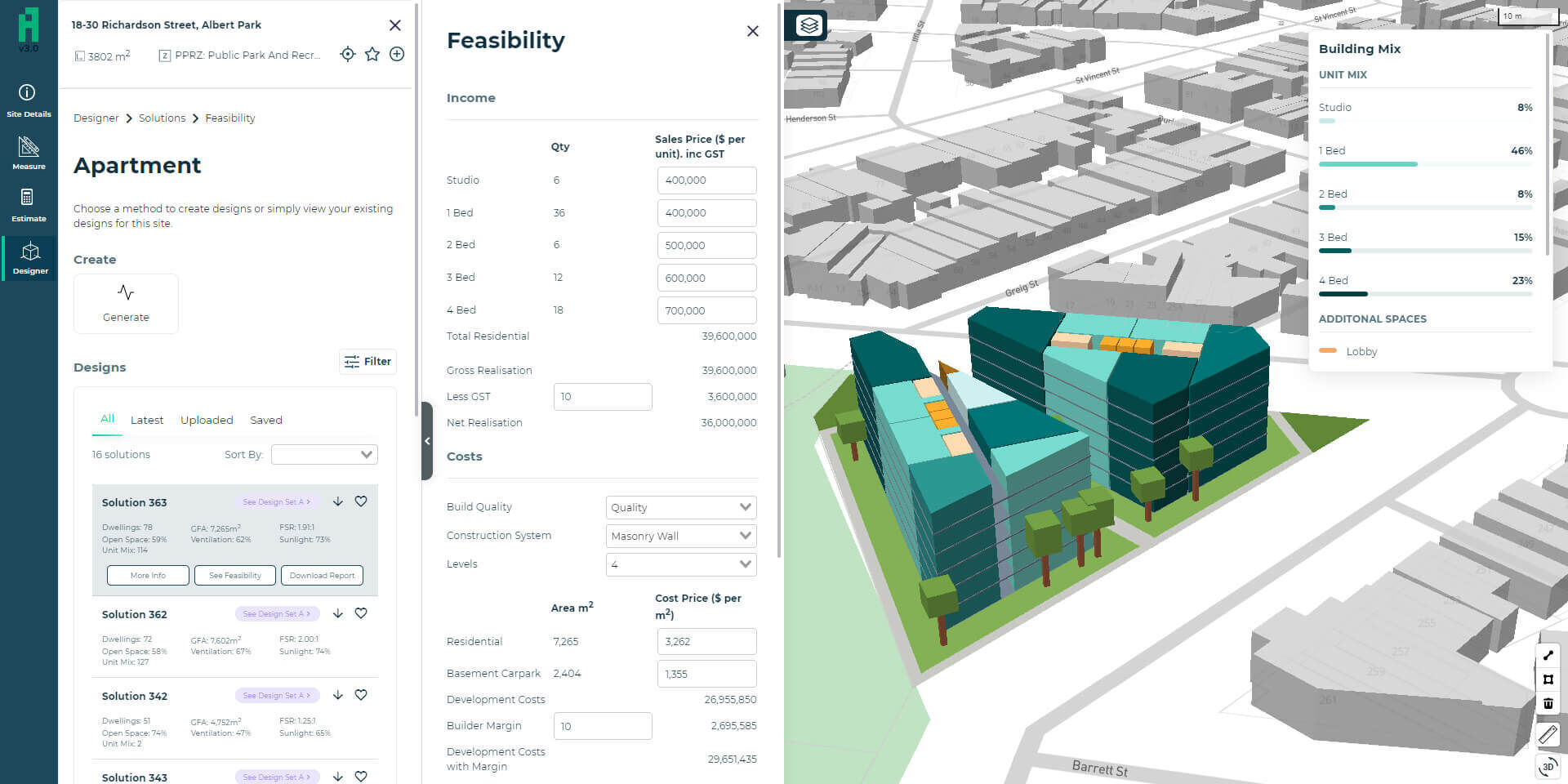 Archistar AI showing site feasibility and building massing for an urban plot.*