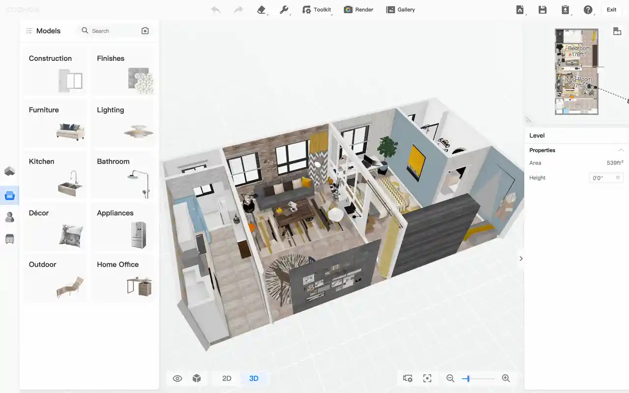 FloorPlanner interface showing AI-assisted 3D layout for a residential apartment.*