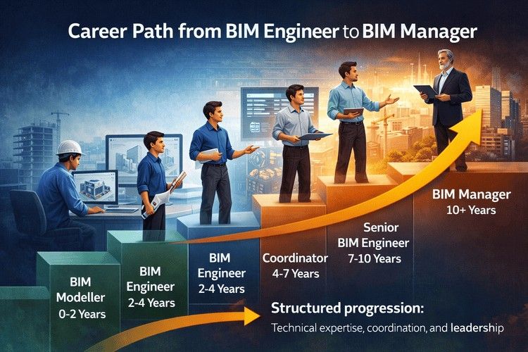 Career path from BIM Engineer to BIM Manager with step-by-step progression stages
