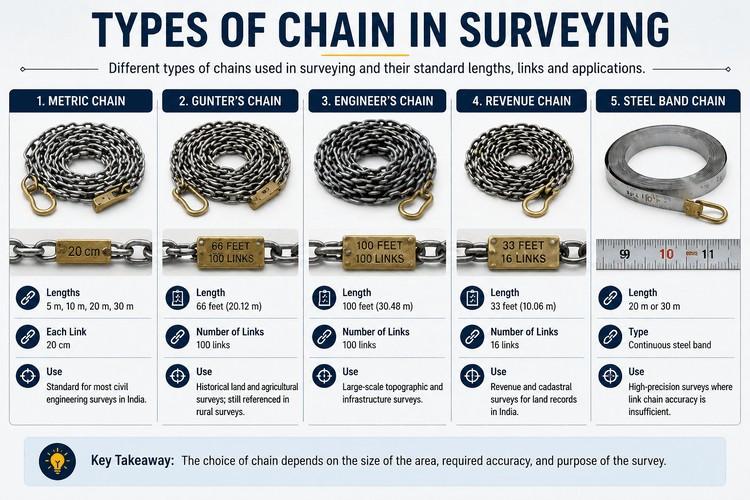 Simple infographic showing different types of surveying chains and their lengths and uses in civil engineering.