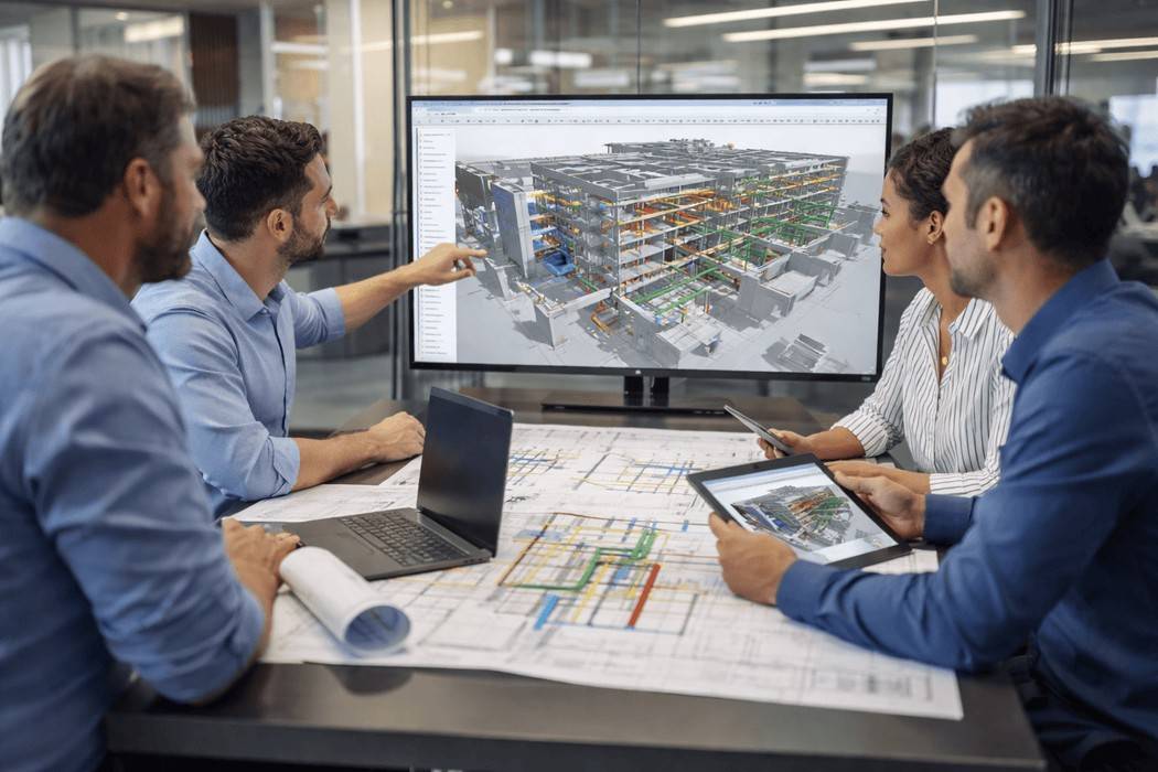 Architecture and engineering team collaborating around a shared BIM model during a project meeting