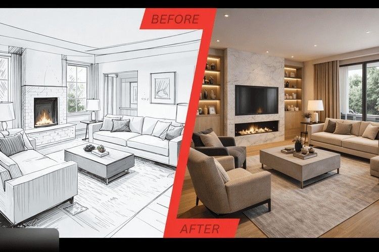 Comparison of an interior concept sketch and a photorealistic 3D visualisation used for a student portfolio presentation.