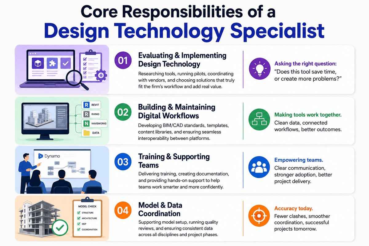 Infographic showing Design Technology Specialist responsibilities, including technology adoption, workflows, training, and coordination.