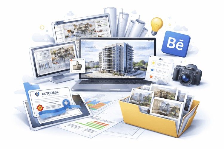BIM portfolio concept with 3D building models, screens and drawings