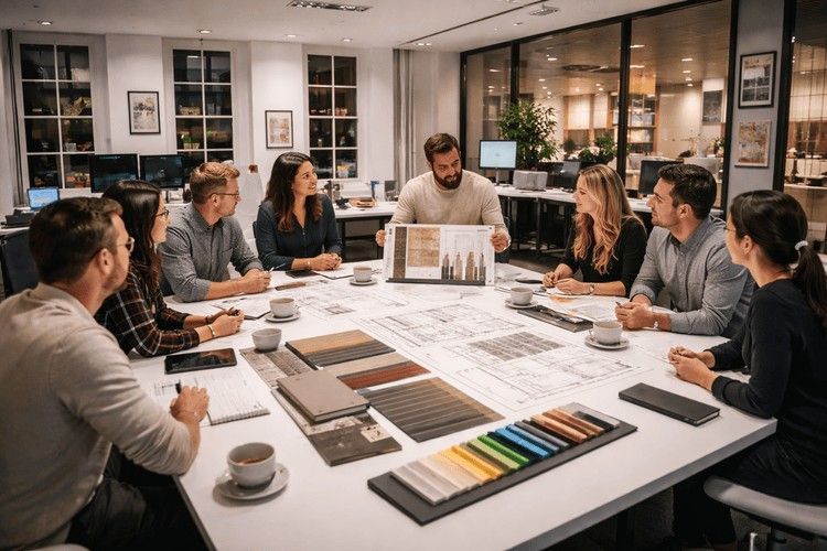 Interior design studio team collaborating around a conference table with floor plans, material samples, and mood boards during a project discussion.&nbsp;&nbsp;
