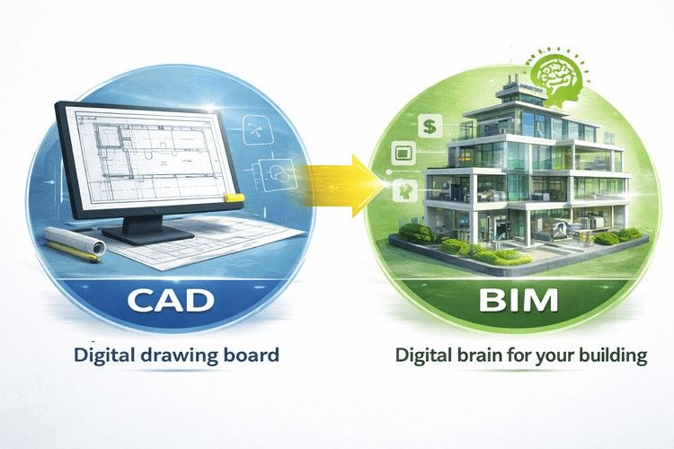 CAD vs BIM visual showing 2D drawing monitor vs smart 3D building