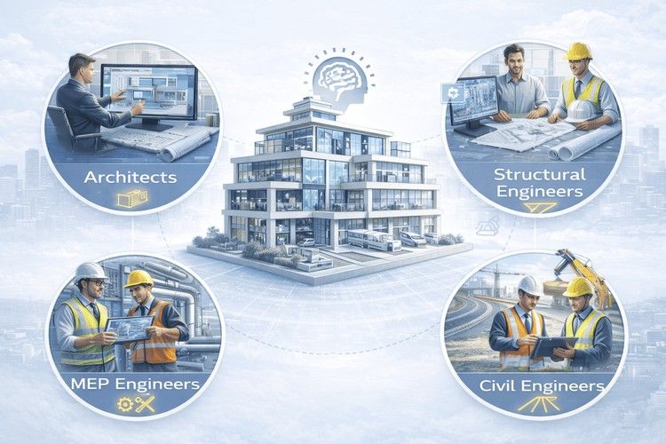 BIM collaboration visual showing central smart building connected to architects, structural, MEP, and civil engineers.