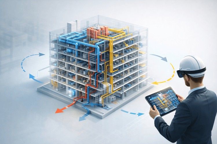 &nbsp;Isometric 3D cut-section building showing coordinated MEP systems with an engineer reviewing the BIM model on a tablet.&nbsp;&nbsp;
